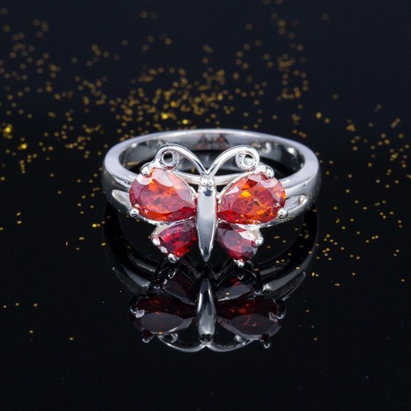 Elegant Silver Butterfly Ring with Red Accents - Picture 2 of 4